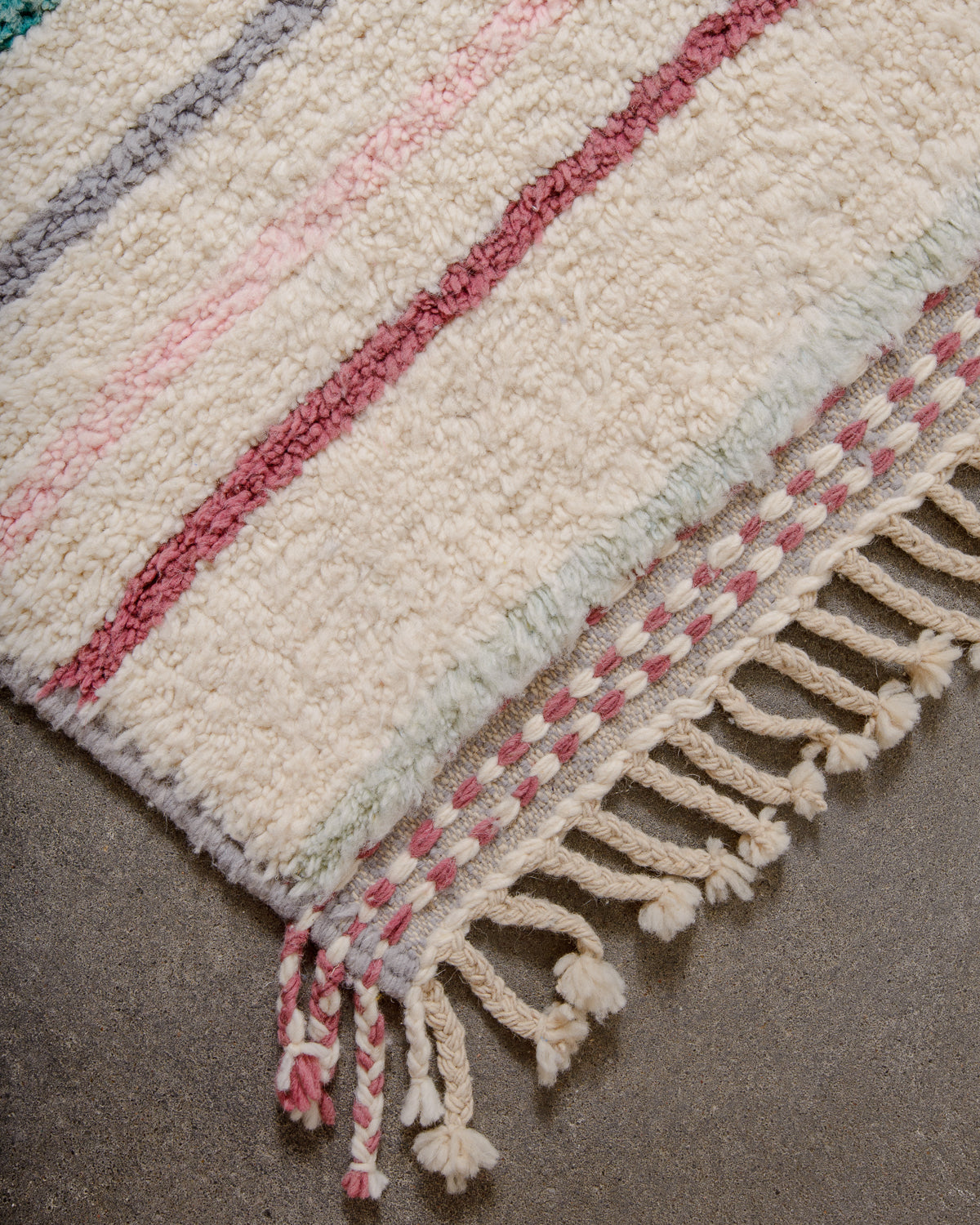 Modern, designer, handcrafted Berber rug from Morocco. Beniourain carpet with beautiful colours and patterns and fluffy wool texture.